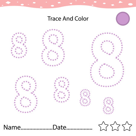 Number eight tracing practice worksheet for kids learning to count and to write. Worksheet for learning numbers. Number 8. Training write and count numbers. Coloring exercisesの写真素材