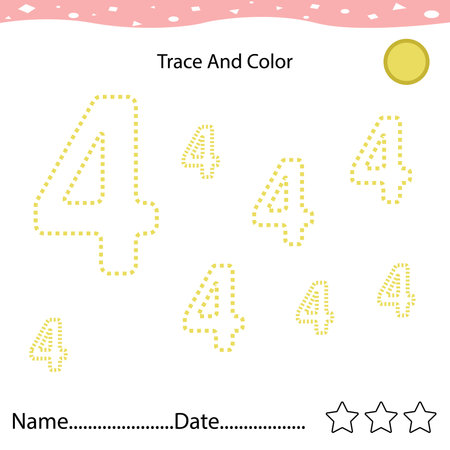 Number four tracing practice worksheet for kids learning to count and to write. Worksheet for learning numbers. Number 4. Training write and count numbers. Coloring exercisesの写真素材