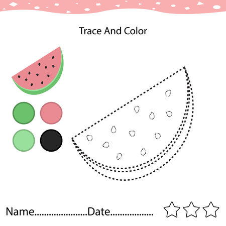 Preschool worksheet for practicingz. Trace watermelon fruit and color for kids. Tracing and coloring skill. tracing worksheet.の写真素材