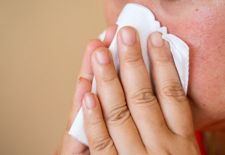 Asian woman sick and sneezing with tissue paperの写真素材
