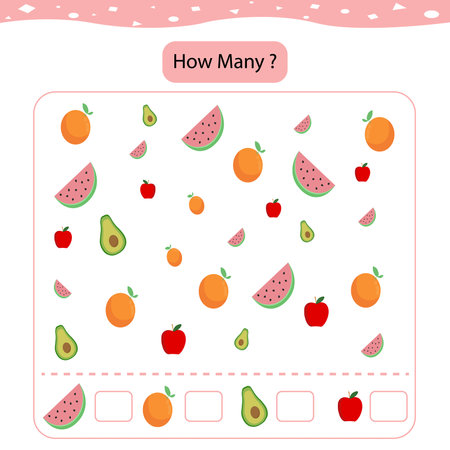 Counting game, how many fruits. Educational children game, printable worksheetのイラスト素材
