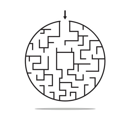 Black circle maze isolated on white background. Black round labyrinth with one entrance and target. Labyrinth symbol. Circle puzzle with one solution.の写真素材