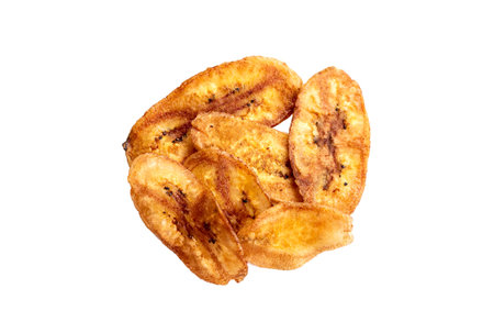 Kerala chips or Banana chips, Honey Baked Banana Slices on white background.の写真素材