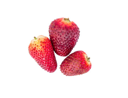 Three very ripe strawberries isolated on a white background.の写真素材