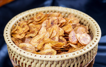 Crispy Banana Chips - fried or baked sliced bananaの写真素材