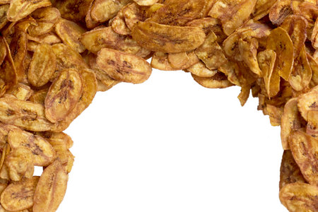 Kerala chips or Banana chips, Honey Baked Banana Slices on white background.の写真素材