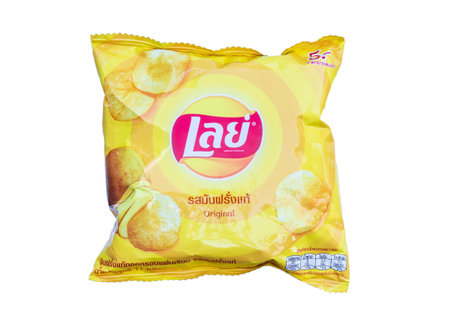 Phichit, Thailand, 11 Novenber 2040, Single bag of Lay's classic potato chips on White background.のeditorial素材
