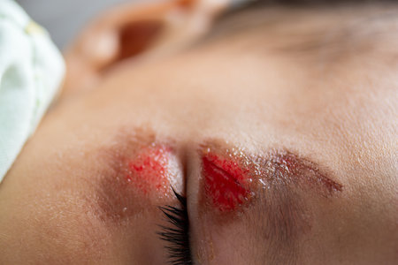 Close-up of a painful wound on the forehead of an Asian child from a deep wound from falling down the stairs. Fresh wound.の写真素材