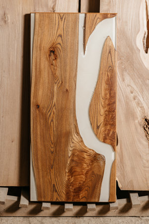 Exclusive handmade table of solid wood and epoxy resin on the background of wood boardsの写真素材