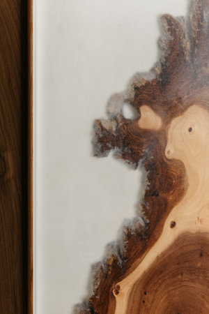 Exclusive handmade table of solid wood and epoxy resin on the background of wood boardsの写真素材