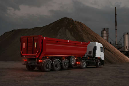 Red dump truck semi-trailer at the quarryの写真素材