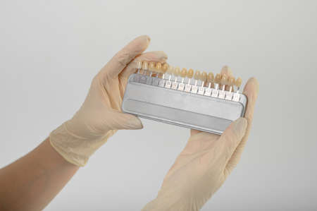 The doctors hands hold a scale of tooth color shadesの写真素材