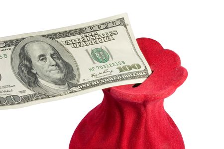 Closeup of a one-hundred dollar bill in a red money-box (isolated on white)の写真素材