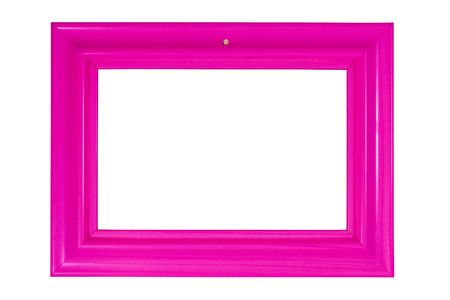Bright pink wooden photo frame (with empty space for your text, photo or picture) hanging on a nail and isolated on whiteの写真素材
