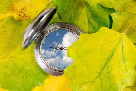 Antique pocket watch covered with yellow autumn leaves (with blue sky and clouds instead of the...
