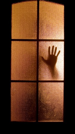 Slightly blurred silhouette of a hand behind a glass door (symbolizing horror or fear)の写真素材