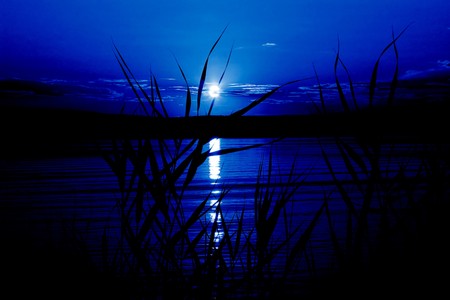 Mystical night (moonlight on the river, in dark blue colors)の写真素材