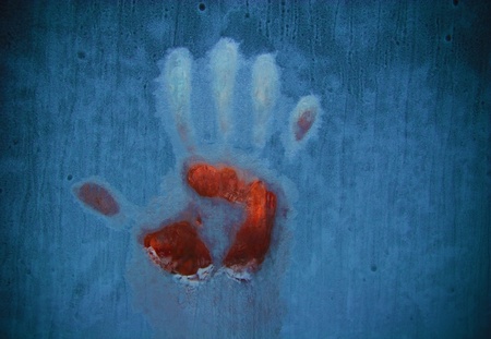Slightly blurred bloody handprint on a frozen window (symbolizing horror or fear)