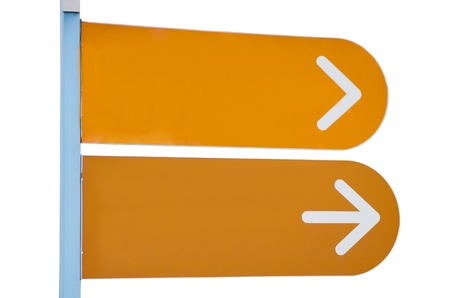 Sign post with two white arrows on an orange background (with empty space for your text), isolated on whiteの写真素材