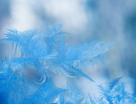 Beautiful frost pattern on a window glass as an abstract winter backgroundの写真素材