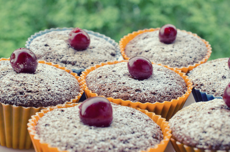 Freshly baked homemade chocolate muffins decorated with cherries and powdered sugar (outdoor picnic or breakfast concept), retro styleの写真素材