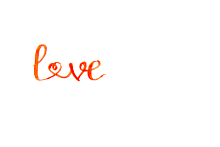 Word Love written with red watercolor paint (with one of the letters shaped as a heart), isolated on white, copy space on the rightの写真素材