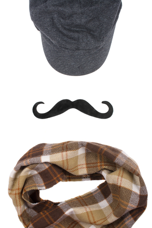 Cap, black moustache and checkered scarf (isolated on white, top view), menswear conceptの写真素材