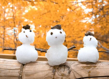 Three little snowmen against the golden autumn background (as the early winter or first snow concept)の写真素材