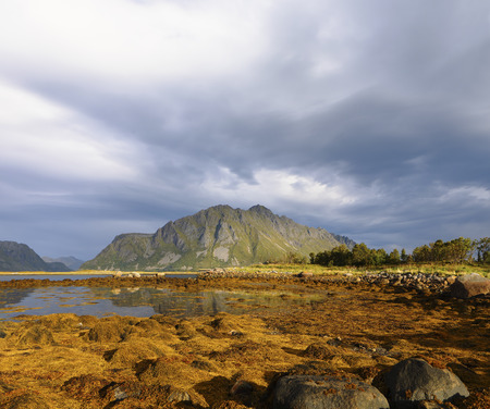 Scenic fjord on Lofoten islands with towering mountain peaks and dramatic sky. Lofoten Islands. Lofoten landscape, Lofoten Islands, Nordland, Norway, Scandinavia, Europeの写真素材