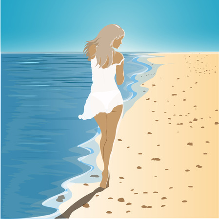 Vector illustration of girl in dress walking barefoot on the beachのイラスト素材