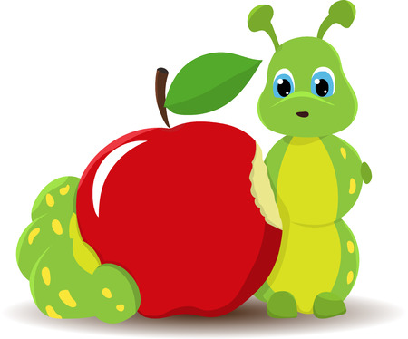 caterpillar worm with red apple. Funny baby illustration. Isolated on white backgroundのイラスト素材