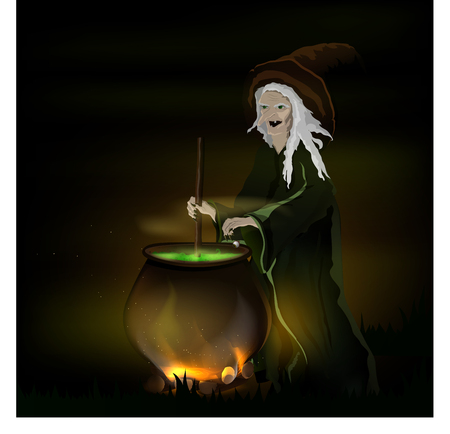 witch cooks a potion in a pot on Halloweenのイラスト素材