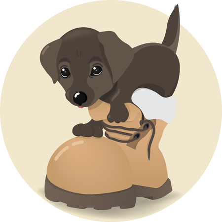 Puppy sitting in a boot. The dog gets out of the boot. Cartoon vectorのイラスト素材