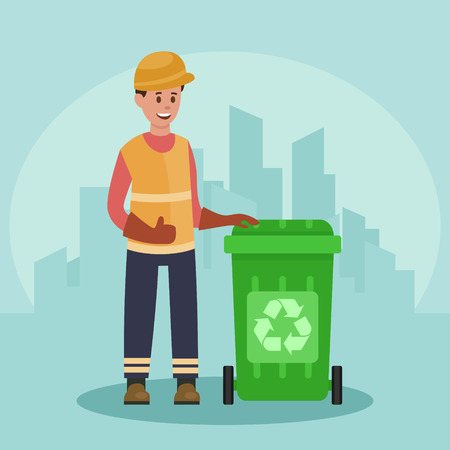 Garbage man with trash container. Recycling concept. City background. Flat vector illustration.のイラスト素材