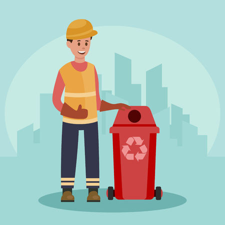 Garbage man with trash container. Recycling concept. City background. Flat vector illustration.のイラスト素材
