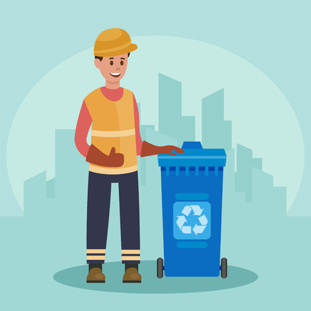 Garbage man with trash container. Recycling concept. City background. Flat vector illustration.のイラスト素材