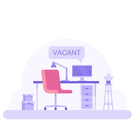 Office workplace with vacancy sign. Empty seat, chair in room for employee. Business hiring, recruitment concept. Vector illustration in flat style.のイラスト素材