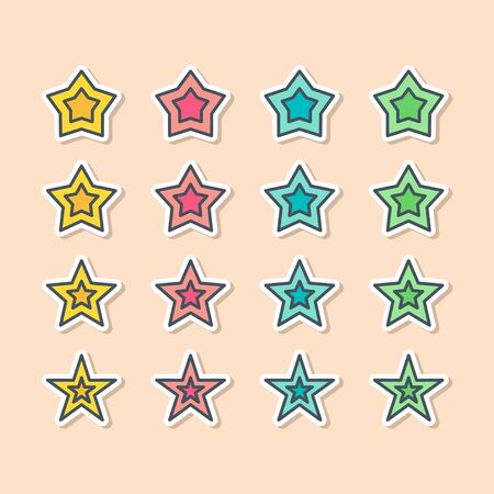 Set of vector stars in sticker style. Holiday decoration and party magic objects. Quality and rate elements for your designs.のイラスト素材