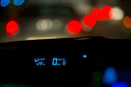 car in traffic, on the electronic speedometer zero