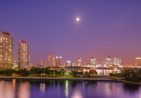 View of the bay of Odaiba with daiba park and the beach in the distance in the full moon illuminated purple night sky.のeditorial素材