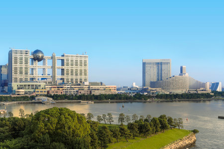 View of the bay of Odaiba with daiba park,mall and hotels.のeditorial素材