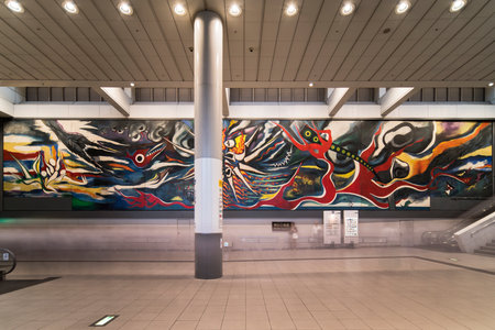 Hall of SHIBUYA station leading to the Inokashira line and whose wall is decorated with a giant fresco about the atomic experience of Hiroshima called Myth of Tomorrow painted by Okamoto Taro in 1969.のeditorial素材