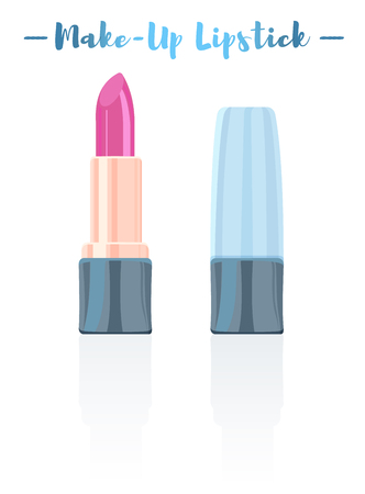 Blue vector illustration of a beauty utensil pink lipstick makeup product with pigments, oils, waxes, and emollients that apply color, texture, and protection to the lips.のイラスト素材