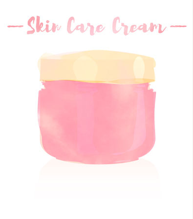 pink watercolored painting vector illustration of a beauty utensil moisturizing cream for face.のイラスト素材