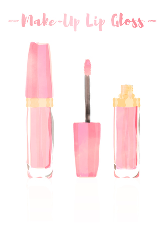 Pink watercolored painting vector illustration of a beauty utensil gloss lipstick makeup product to give lips a glossy lustre.のイラスト素材