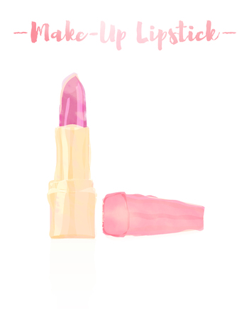 Pink watercolored painting vector illustration of a beauty utensil pink lipstick makeup product with pigments, oils, waxes, and emollients that apply color, texture, and protection to the lips.のイラスト素材