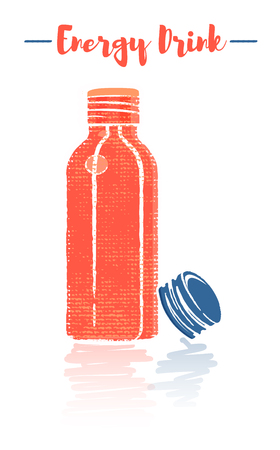 Pencil and textured style orange vector illustration of a small bottle of vitamins energy drink.のイラスト素材