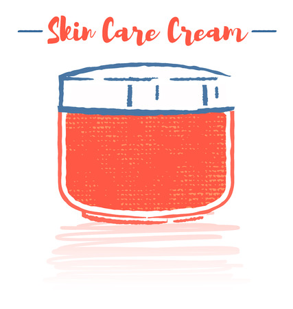 Pencil and textured style orange vector illustration of a beauty utensil moisturizing cream pot for face.のイラスト素材