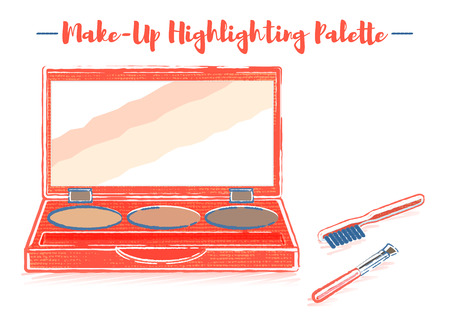 Pencil and textured style orange vector illustration of a beauty utensil highlighting box palette with a mirror.のイラスト素材