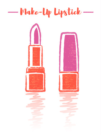 Pencil and textured style orange vector illustration of a beauty utensil pink lipstick makeup product with pigments, oils, waxes, and emollients that apply color, texture, and protection to the lips.のイラスト素材